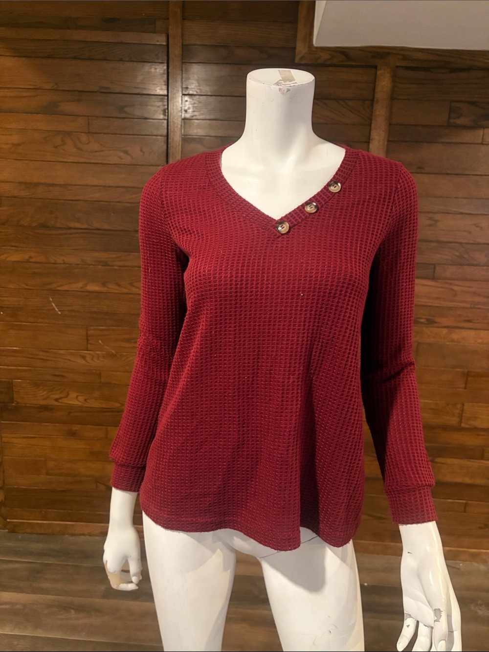 SHEIN Burgundy V-Neck Waffle Knit Sweater with Button Accents